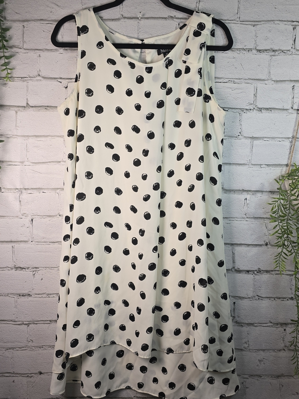 SLNY LAYERED SHIFT DRESS IVORY BLACK POLKA DOT SLEEVELESS ASYMMETRICAL HEM 14
